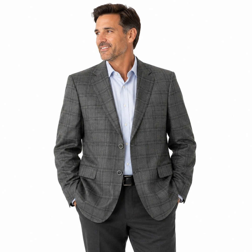 J. Hilburn Blazer Mens 43R Grey Plaid Wool Tailored Fit Two Button Sport Coat